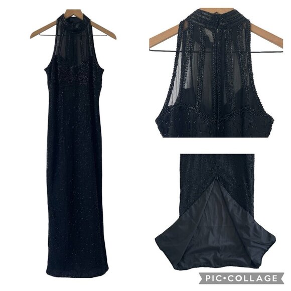 Laurence Kazar Dresses & Skirts - Laurence Kazar VTG Black Beaded Silk Evening Gown Dress Formal High Neck Size PS